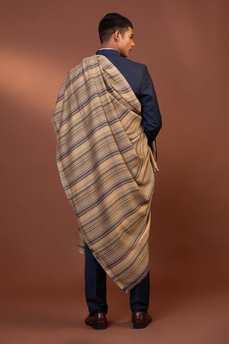 Shop_Modarta_Yellow Handloom Stripe Pattern Shawl_at_Aza_Fashions
