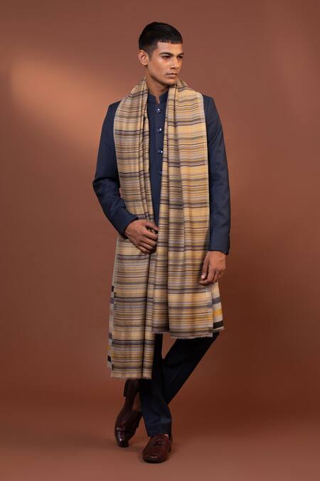 Modarta_Yellow Handloom Stripe Pattern Shawl_Online_at_Aza_Fashions