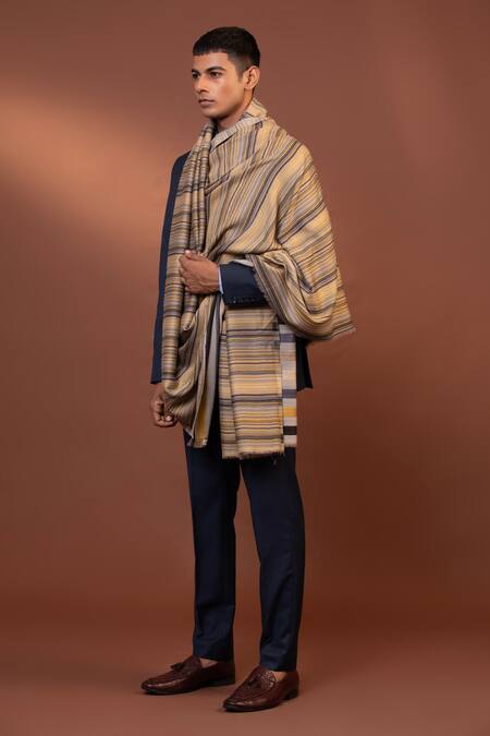 Modarta_Yellow Handloom Stripe Pattern Shawl_at_Aza_Fashions
