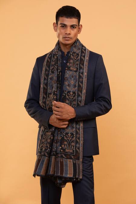 Modarta_Blue Floral Tile Pattern Shawl _Online_at_Aza_Fashions