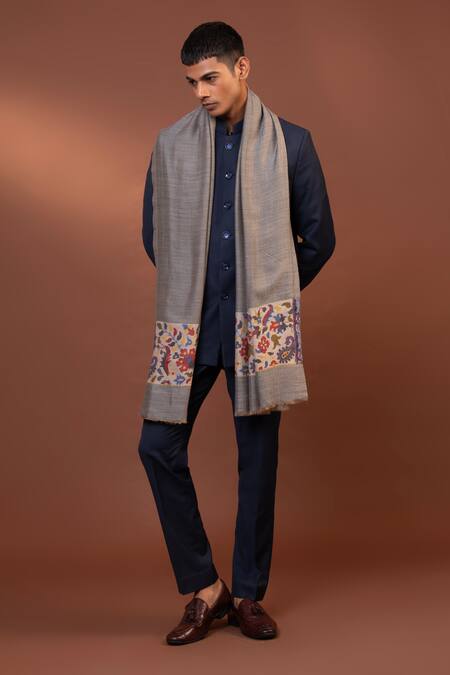 Modarta_Grey Embroidery Floral Border Shawl _Online_at_Aza_Fashions