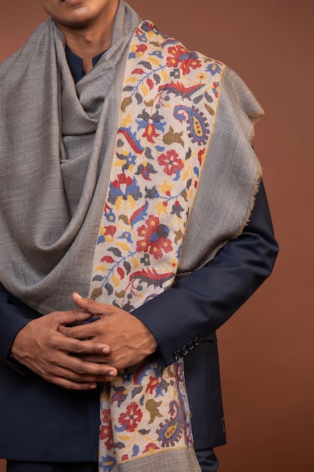 Buy_Modarta_Grey Embroidery Floral Border Shawl _Online_at_Aza_Fashions