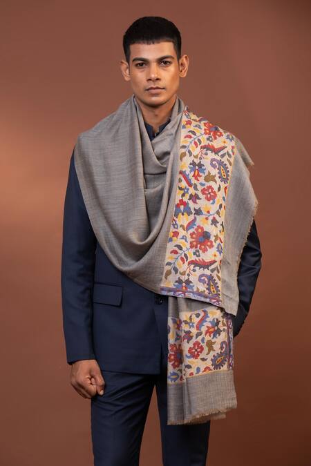 Shop_Modarta_Grey Embroidery Floral Border Shawl _Online_at_Aza_Fashions