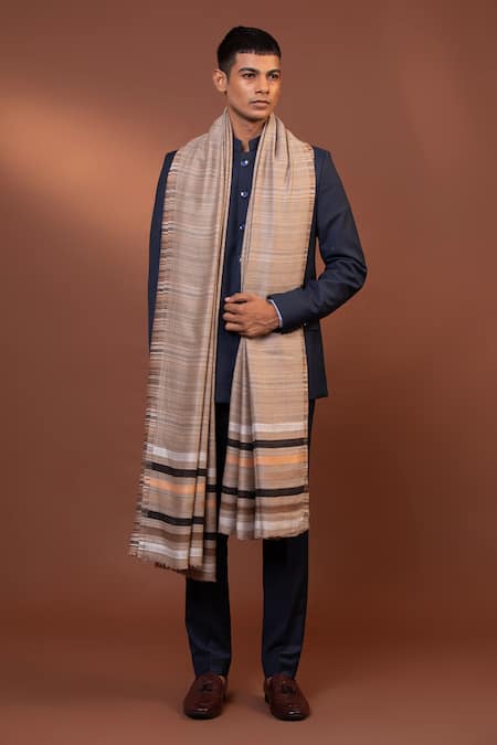 Modarta_Beige Striped Woven Border Shawl _Online_at_Aza_Fashions