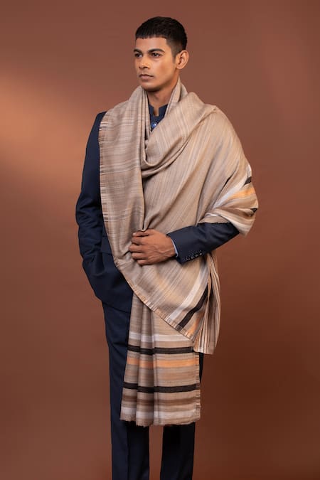 Buy_Modarta_Beige Striped Woven Border Shawl _Online_at_Aza_Fashions