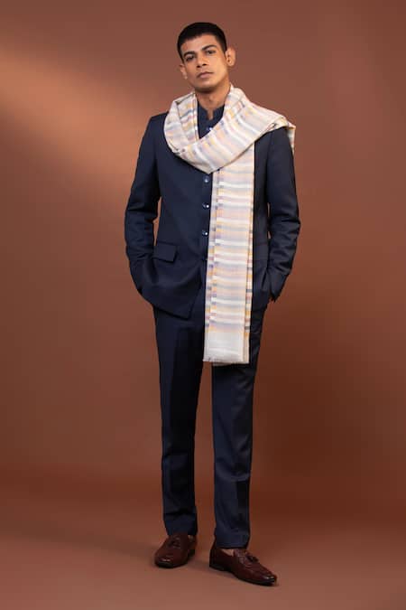 Shop_Modarta_White Striped Pattern Woven Shawl _at_Aza_Fashions