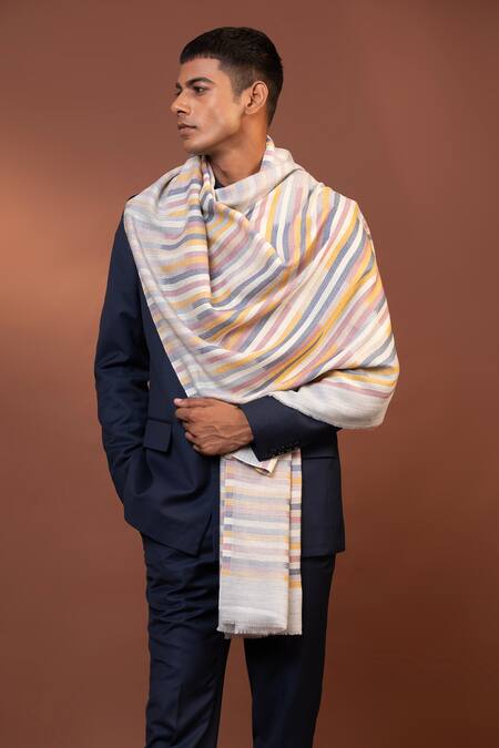 Shop_Modarta_White Striped Pattern Woven Shawl _Online_at_Aza_Fashions