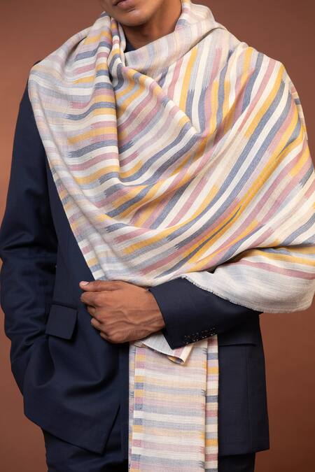 Modarta_White Striped Pattern Woven Shawl _at_Aza_Fashions