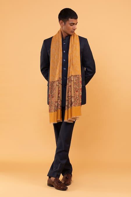Shop_Modarta_Yellow Woven Floral Pattern Border Shawl _at_Aza_Fashions