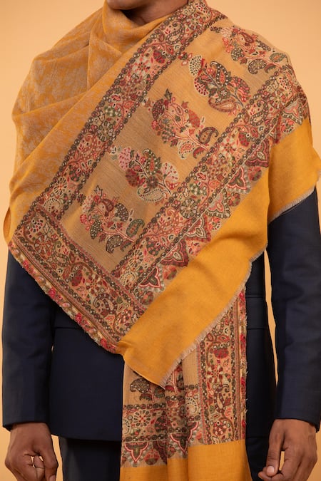 Modarta_Yellow Woven Floral Pattern Border Shawl _Online_at_Aza_Fashions
