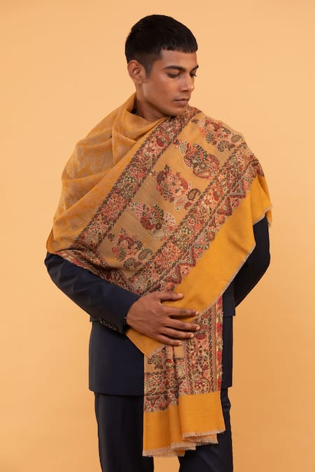 Buy_Modarta_Yellow Woven Floral Pattern Border Shawl _Online_at_Aza_Fashions