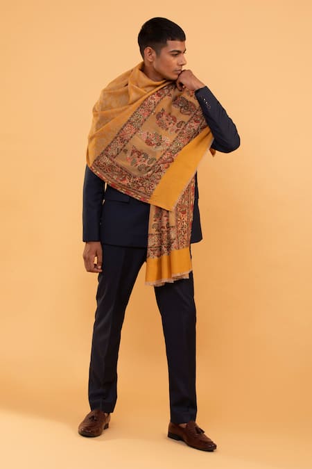 Shop_Modarta_Yellow Woven Floral Pattern Border Shawl _Online_at_Aza_Fashions