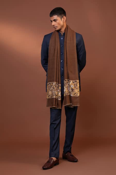 Shop_Modarta_Brown Paisley Pattern Border Shawl _at_Aza_Fashions