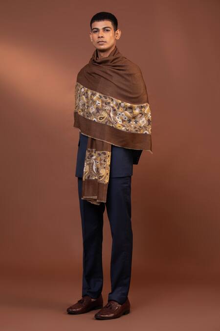 Modarta_Brown Paisley Pattern Border Shawl _at_Aza_Fashions