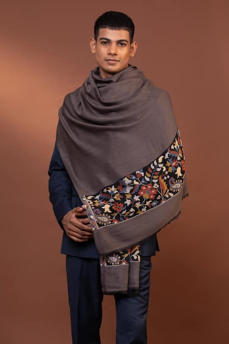 Shop Modarta Grey Embroidery Hand Border Shawl at Aza Fashions Shop_Modarta_Grey Embroidery Hand Border Shawl_at_Aza_Fashions
