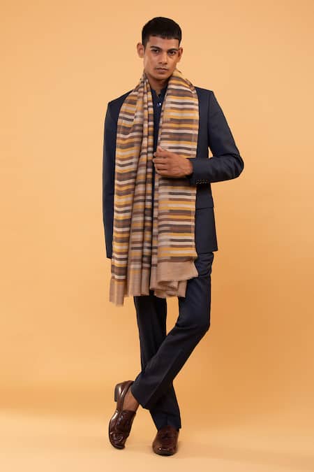 Modarta_Beige Stripe Pattern Handwoven Shawl _Online_at_Aza_Fashions