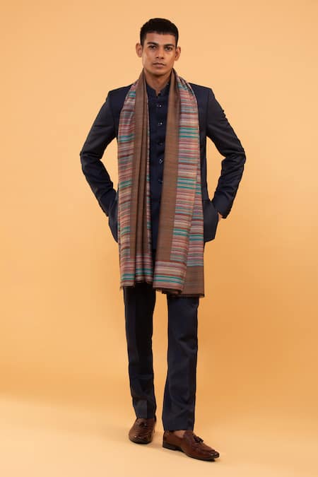 Shop_Modarta_Brown Striped Woolen Border Shawl _at_Aza_Fashions