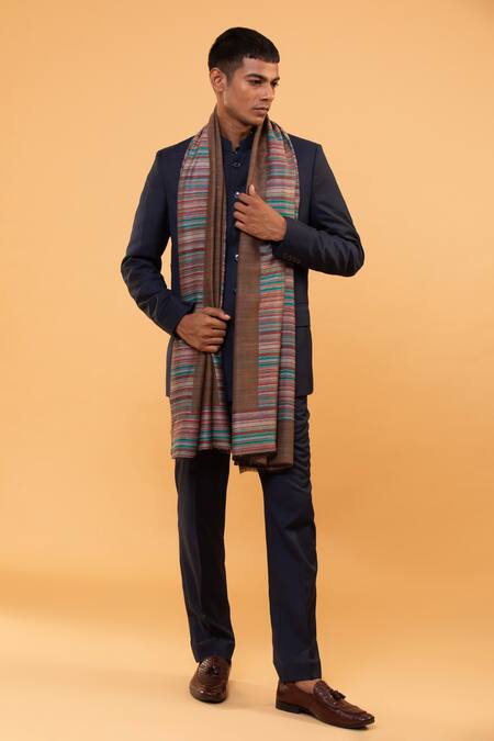 Modarta_Brown Striped Woolen Border Shawl _Online_at_Aza_Fashions
