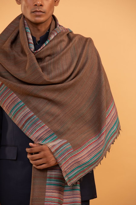 Buy_Modarta_Brown Striped Woolen Border Shawl _Online_at_Aza_Fashions