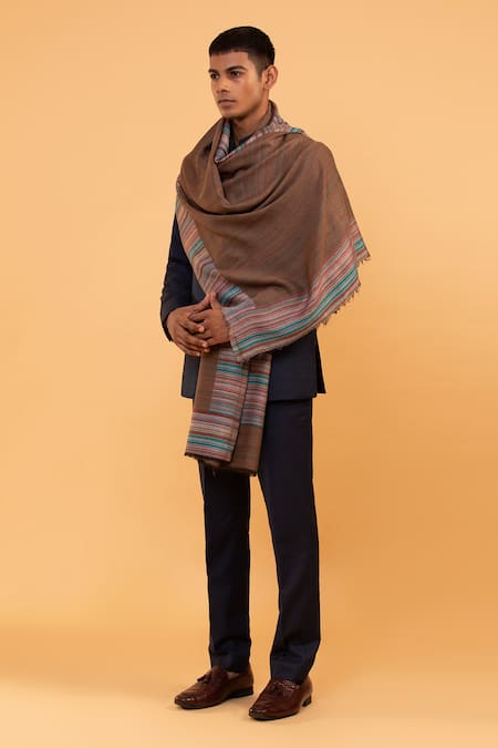 Shop_Modarta_Brown Striped Woolen Border Shawl _Online_at_Aza_Fashions