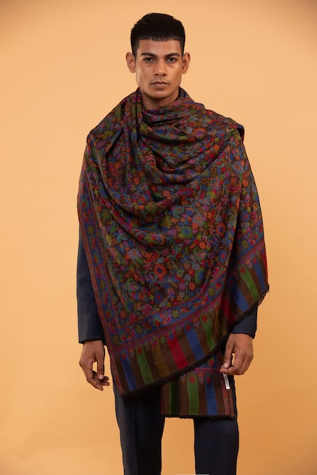 Shop_Modarta_Black Embroidery Kashmiri Flower Pattern Shawl _Online_at_Aza_Fashions
