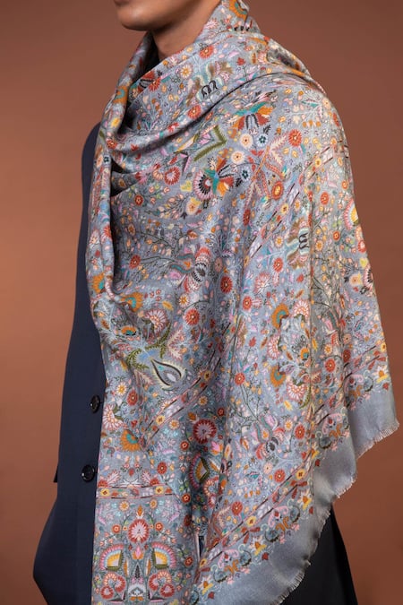 Modarta Grey Kashmiri Floral Embroidered Shawl at Aza Fashions Modarta_Grey Kashmiri Floral Embroidered Shawl _at_Aza_Fashions