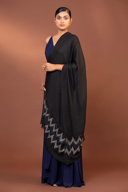 Shop Modarta Black Swarovski Crystal Chevron Border Shawl Online at Aza Fashions Shop_Modarta_Black Swarovski Crystal Chevron Border Shawl _Online_at_Aza_Fashions