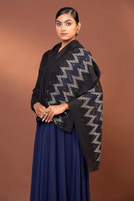 Modarta Black Swarovski Crystal Chevron Border Shawl at Aza Fashions Modarta_Black Swarovski Crystal Chevron Border Shawl _at_Aza_Fashions