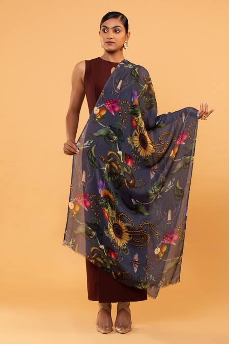 Buy_Modarta_Grey Serpent Garden Print Shawl_Online_at_Aza_Fashions