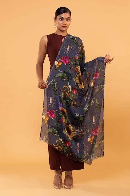 Shop_Modarta_Grey Serpent Garden Print Shawl_Online_at_Aza_Fashions