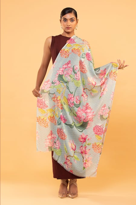 Buy Modarta Blue Acanthus Flora Print Shawl Online at Aza Fashions Buy_Modarta_Blue Acanthus Flora Print Shawl _Online_at_Aza_Fashions