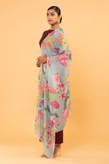 Shop Modarta Blue Acanthus Flora Print Shawl Online at Aza Fashions Shop_Modarta_Blue Acanthus Flora Print Shawl _Online_at_Aza_Fashions