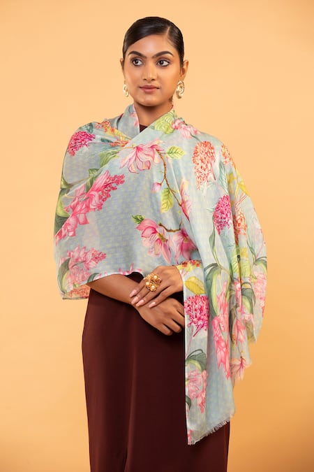 Modarta Blue Acanthus Flora Print Shawl at Aza Fashions Modarta_Blue Acanthus Flora Print Shawl _at_Aza_Fashions