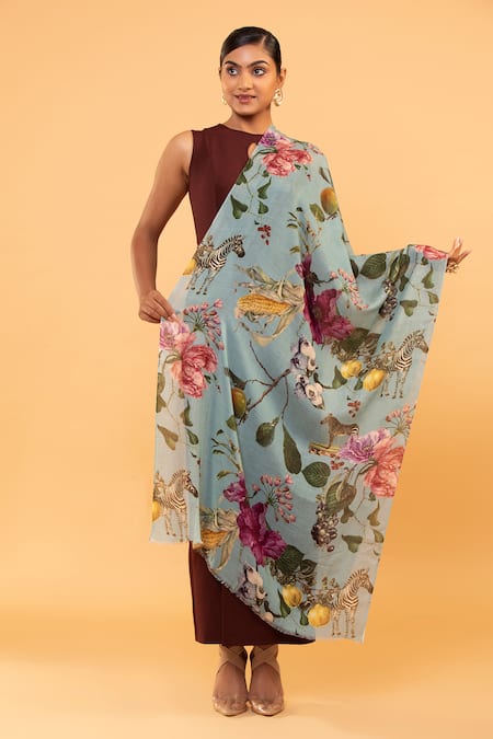 Buy Modarta Blue Wildbloom Print Shawl Online at Aza Fashions Buy_Modarta_Blue Wildbloom Print Shawl _Online_at_Aza_Fashions