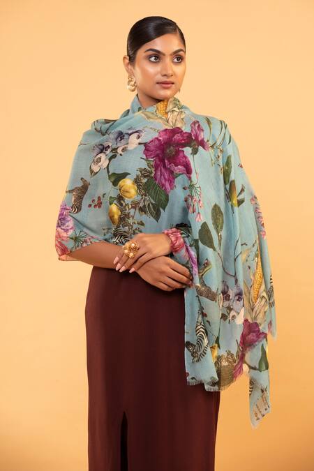 Modarta Blue Wildbloom Print Shawl at Aza Fashions Modarta_Blue Wildbloom Print Shawl _at_Aza_Fashions