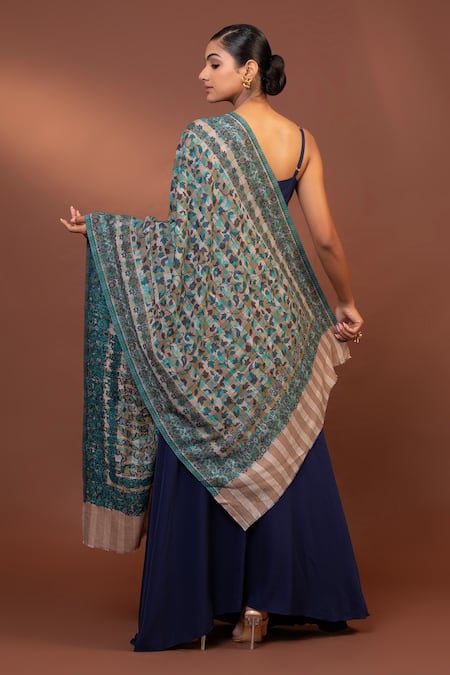 Shop Modarta Blue Floral Checkered Fine Wool Shawl at Aza Fashions Shop_Modarta_Blue Floral Checkered Fine Wool Shawl _at_Aza_Fashions