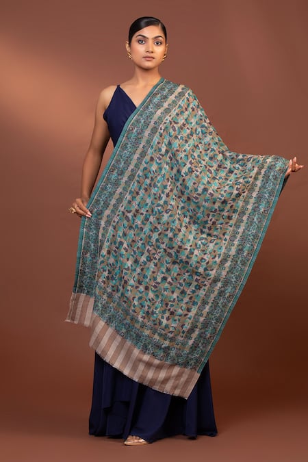 Modarta Blue Floral Checkered Fine Wool Shawl Online at Aza Fashions Modarta_Blue Floral Checkered Fine Wool Shawl _Online_at_Aza_Fashions