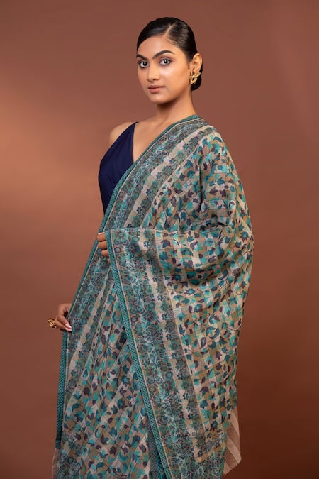 Shop Modarta Blue Floral Checkered Fine Wool Shawl Online at Aza Fashions Shop_Modarta_Blue Floral Checkered Fine Wool Shawl _Online_at_Aza_Fashions