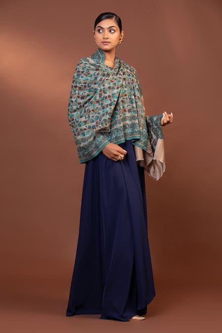 Modarta Blue Floral Checkered Fine Wool Shawl at Aza Fashions Modarta_Blue Floral Checkered Fine Wool Shawl _at_Aza_Fashions