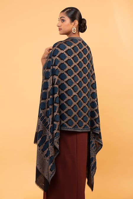 Shop Modarta Blue Sheesh Mahal Pattern Shawl at Aza Fashions Shop_Modarta_Blue Sheesh Mahal Pattern Shawl _at_Aza_Fashions