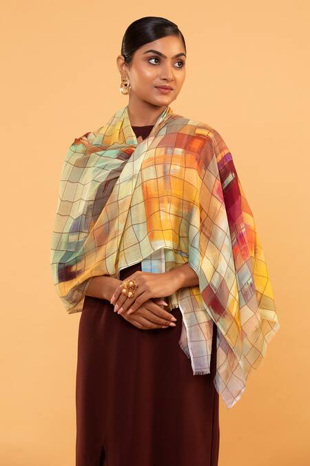 Modarta_Multi Color Splash Checkered Fine Wool Shawl _at_Aza_Fashions