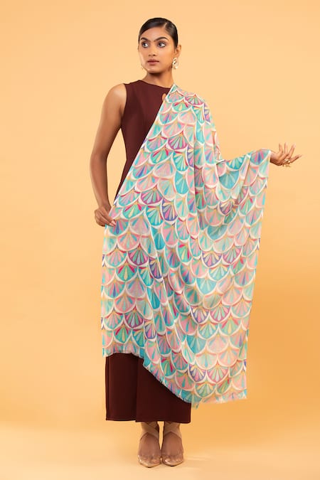 Buy Modarta Multi Color Scallop Bloom Print Shawl Online at Aza Fashions Buy_Modarta_Multi Color Scallop Bloom Print Shawl _Online_at_Aza_Fashions