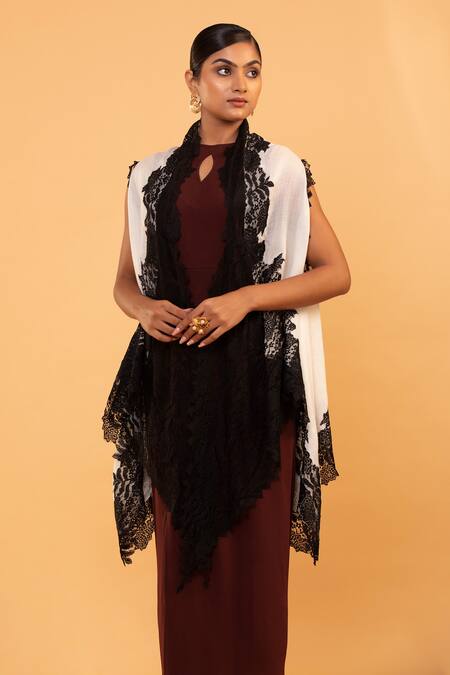 Modarta_White Floret Lace Embellished Asymmetric Cape _Online_at_Aza_Fashions