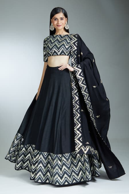 Shop Prathyusha Garimella Black Silk Sequins, Stones, Zari Boat Chevron Embroidered Blouse Lehenga Set Online at Aza Fashions Shop_Prathyusha Garimella_Black Silk Sequins, Stones, Zari Boat Chevron Embroidered Blouse Lehenga Set_Online_at_Aza_Fashions