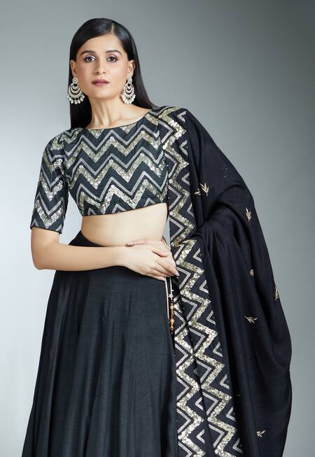 Prathyusha Garimella Black Silk Sequins, Stones, Zari Boat Chevron Embroidered Blouse Lehenga Set at Aza Fashions Prathyusha Garimella_Black Silk Sequins, Stones, Zari Boat Chevron Embroidered Blouse Lehenga Set_at_Aza_Fashions