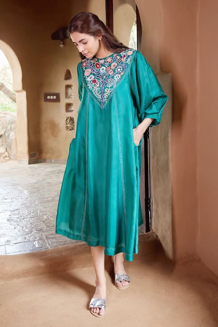 Shop Ayaka Green Cotton, Viscose Embroidery Round Neck Julian Floral Yoke Dress Online at Aza Fashions Shop_Ayaka_Green Cotton, Viscose Embroidery Round Neck Julian Floral Yoke Dress _Online_at_Aza_Fashions