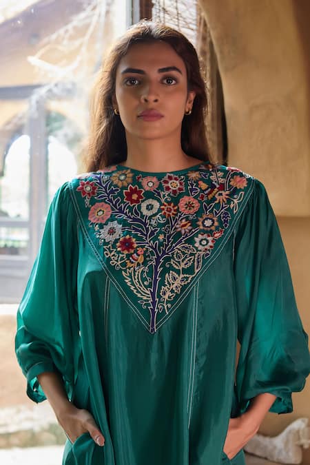 Buy Ayaka Green Cotton, Viscose Embroidery Round Neck Julian Floral Yoke Dress Buy_Ayaka_Green Cotton, Viscose Embroidery Round Neck Julian Floral Yoke Dress