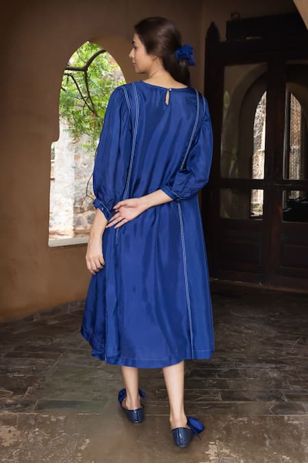 Shop Ayaka Blue Cotton, Viscose Embroidery Round Neck Julian Resham Yoke Dress at Aza Fashions Shop_Ayaka_Blue Cotton, Viscose Embroidery Round Neck Julian Resham Yoke Dress _at_Aza_Fashions