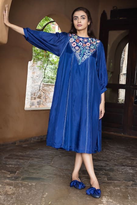 Ayaka Blue Cotton, Viscose Embroidery Round Neck Julian Resham Yoke Dress Online at Aza Fashions Ayaka_Blue Cotton, Viscose Embroidery Round Neck Julian Resham Yoke Dress _Online_at_Aza_Fashions