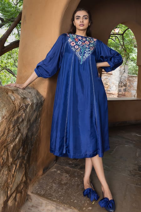 Buy Ayaka Blue Cotton, Viscose Embroidery Round Neck Julian Resham Yoke Dress Online at Aza Fashions Buy_Ayaka_Blue Cotton, Viscose Embroidery Round Neck Julian Resham Yoke Dress _Online_at_Aza_Fashions